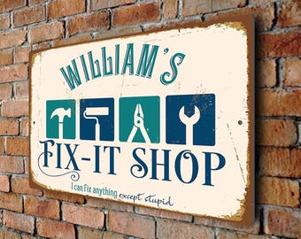 Personalized Fix-It Shop Sign: Retro Garage Décor, Custom Man Cave Sign