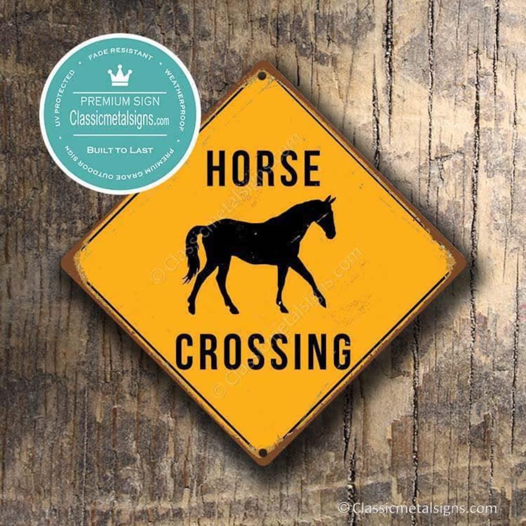 Cartello In Metallo 'Caution Horse Crossing' - Segnale Stradale Retrò 20x20 Cm Per Giardino, Cortile E Portico