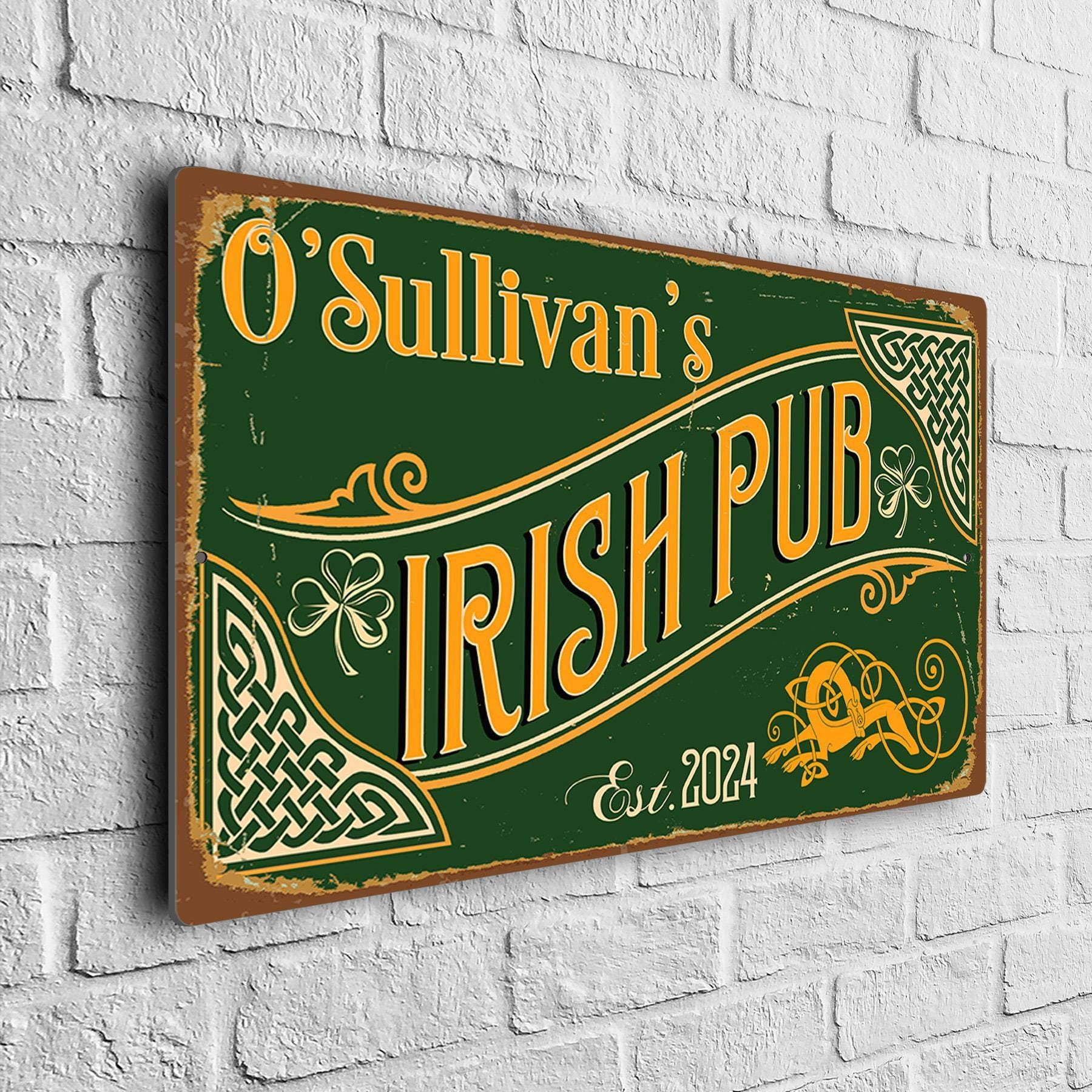Panneau Pub Irlandais Personnalisé Style Grunge, Vert, Format A4, Aluminium, Déco Bar/pub