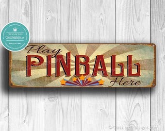 Play Pinball Here Sign: Vintage Style Games Room Decor