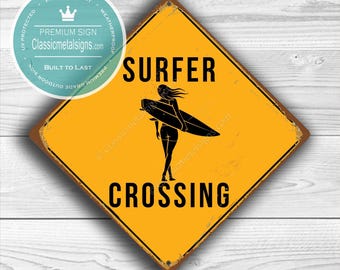 Female Surfer Crossing Sign: Rustic Vintage Style Wall Decor