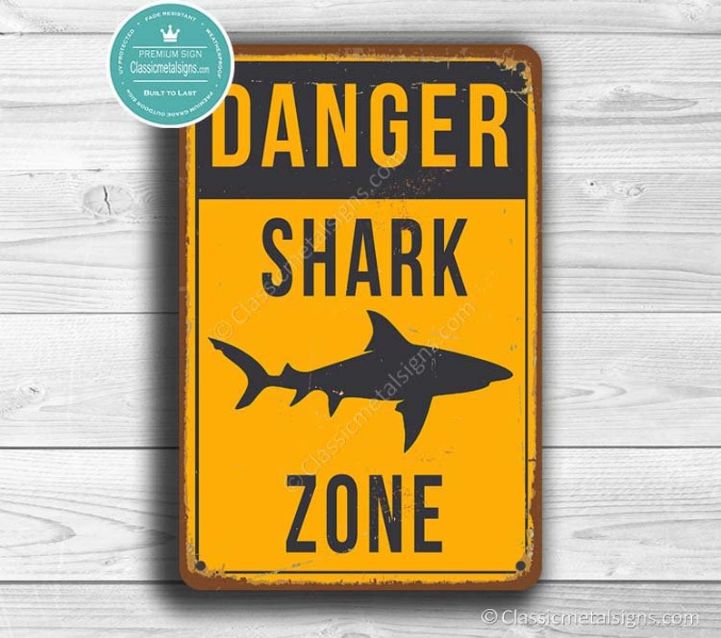 SHARK ZONE SIGN, Shark Zone Signs, Bar Signs, Vintage style Shark Zone Sign, Shark Signs, Shark Decor, Man Cave Decor, Danger Shark Zone image 1