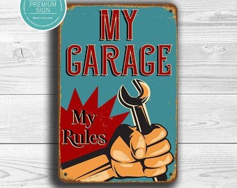 Cartello "Il mio garage, le mie regole", regalo vintage da meccanico per papà, nonno o appassionati di auto.