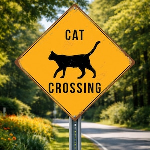 May include: A yellow diamond-shaped road sign with a black silhouette of a cat and the words "CAT CROSSING" in black. The sign is mounted on a metal pole along a road with trees in the background.