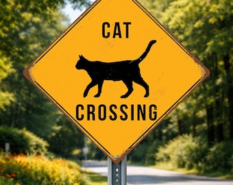 Vintage Cat Crossing Sign - Rustic Look, Weatherproof for Outdoors