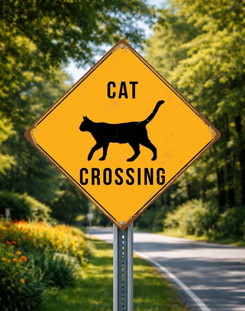 May include: A yellow diamond-shaped road sign with a black silhouette of a cat and the words "CAT CROSSING" in black. The sign is mounted on a metal pole along a road with trees in the background.