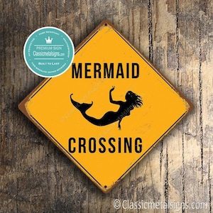 Mermaid Crossing Sign, Rustic Vintage Style (8x8 or 12x12 inch)