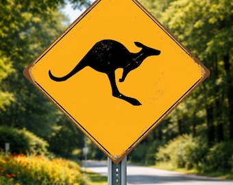 Kangaroo Crossing Sign: Rustic Vintage Style (Yellow Metal, Outdoor Use)