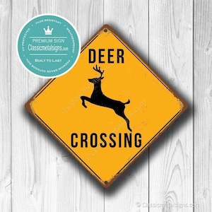 PEACHGARDEN Deer Crossing Vintage Tin Sign - 8x12 Inch, Yellow Caution Sign, Retro Metal Wall Decor