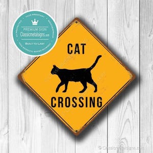 Vintage Cat Crossing Sign - Rustic Yellow, Weatherproof Metal image 3