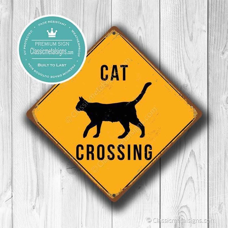 Vintage Cat Crossing Sign - Rustic Yellow, Weatherproof Metal image 3