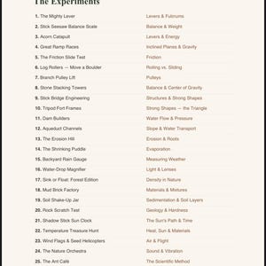 May include: A printed page titled The Experiments, listing twenty-five science activities from The Mighty Lever to The Ant Café. Each numbered entry includes a project name and its corresponding scientific concept, such as Levers & Fulcrums.