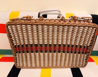 Vintage Vintage Wicker and Vinyl Rattan Picnic Basket Black Red White Suitcase