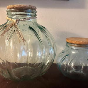 Vintage Green Tinted Clear Italian Melon Canisters with Cork Lids -  Made in Italy. Set of 2.