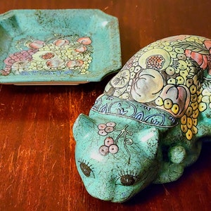 Vintage Chinese Porcelain Sleeping Cat Figurine and Matching Plate with Peaches, Grapes, and Pomegranate