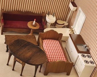 Lot of 10 Vintage Hello Dolly Dollhouse Furniture Items Couch, Bed, Kitchen Sink, Stove, Ceramic Bathroom Sink, Toilet, Bath Sink and More