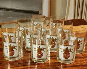 Set of 12 Vintage MCM Barware Cocktail Service Pineapple Highball Glasses with Gold Green and White