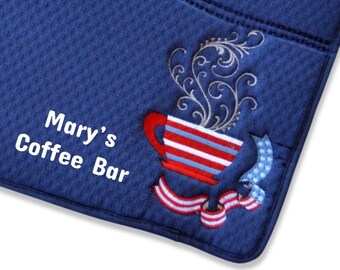 PERSONALIZED Coffee Mat/Patriotic Coffee Bar Mat/Coffee Station/ Personalized Dish Drying Mat/ U.S. Flag Coffee Bar/July 4th/American Decor