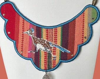 Southwestern Necklace - Bib Necklace - Indian Jewelry - Turquoise - Roadrunner -Ethnic Jewerly Boho - Embroidered - Western - Unique Jewerly