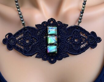Embroidered Navy Lace Necklace with Fused Glass Pendant - Dichroic Glass Necklace - Formal Necklace - Boho Jewelry - Unique Gift for Her