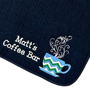 Tapete personalizado para barra de café - Tapete para estación de café - Tapete bordado para secar platos - Tapete para encimera - Regalo para amantes del café - Lavable a máquina