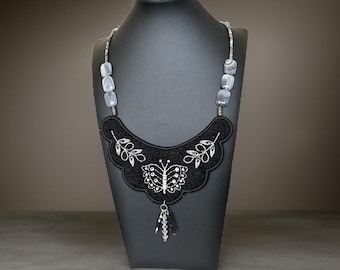 Chunky Statement Necklace - Embroidery Necklace - Handmade Necklace - Butterfly Necklace - Boho Necklace - Bib Necklace - Black - Gemstone