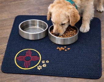 Personalized Pet Feeding Mat – Southwestern Embroidered Dog Placemat with Zia and Paw Prints – Pet Feeding Supplies - New Mexico State Flag