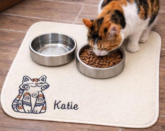 Personalized Cat Bowl Placemat, Embroidered Calico Cat Mat, Tabby Pet Food Mat, Pet Supplies, Cat Dish Mat, Washable, Absorbent
