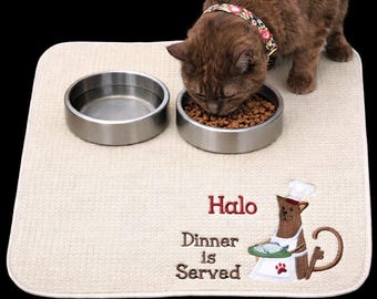 Tapete personalizado para tigela de gato | Tapete bordado para alimentação de gatos | Presente para amantes de gatos | Tapete para comida de animais de estimação | Lavável na máquina | Presente feito à mão