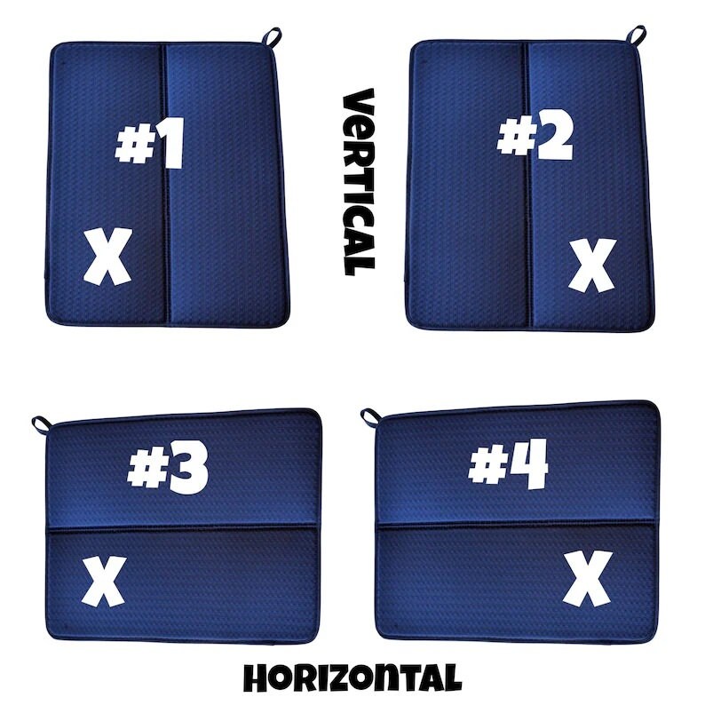 May include: Four blue seat cushions with a white 'X' and a number from 1 to 4. The cushions are labeled 'Vertical' and 'Horizontal' to show the different ways they can be used.