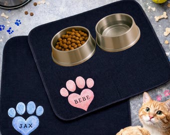 Personalized Pet Feeding Mat - Custom Dog or Cat Mat Placemat - Embroidered Heart Paw With Name - Food & Water Bowl Mat -Gift for Pet Lovers
