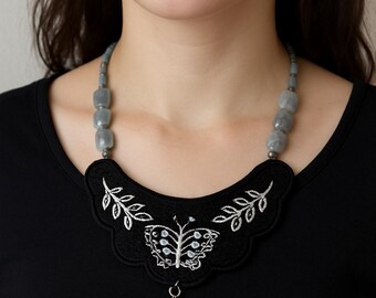 Embroidered Crystal Butterfly Necklace: Agate, Swarovski, Velvet Boho Pendant