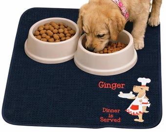 Personalized Dog Bowl Feeding Mat, Absorbent Mats for Dog Food and Water Bowl, Dog Dish Placemat, Feeding Placemats for Dogs, 16”x 18”, W/D
