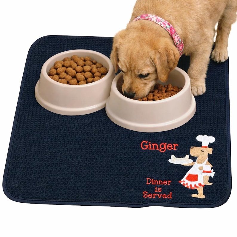 Personalized Dog Bowl Feeding Mat, Absorbent Mats for Dog Food and Water Bowl, Dog Dish Placemat, Feeding Placemats for Dogs, 16”x 18”, W/D image 1