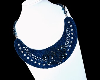 Navy Blue Embroidered Bib Boho Chunky Necklace - Statement Necklace - Glass Bead Chain - Fancy Necklace - Formal Necklace -18" Adjustable