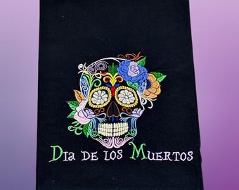 Day of The Dead Personalized Kitchen Towel - Dia De Los Muertos Home Decor - Sugar Skull Tea Towel - Halloween Dish Towel - Embroidered