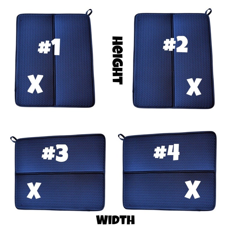May include: Four blue padded seat cushions with white numbers 1 through 4 and the letter "X" printed on them. The cushions are arranged in a grid pattern with the words "HEIGHT" and "WIDTH" printed below the cushions.