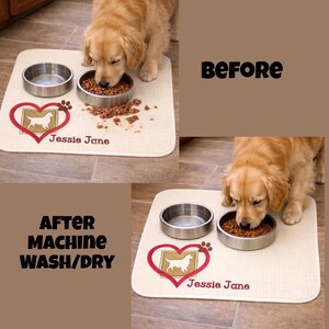 Personalized Dog Bowl Feeding Mat, Absorbent Mats for Dog Food and Water Bowl, Dog Dish Placemat, Feeding Placemats for Dogs, 16”x 18”, W/D image 2