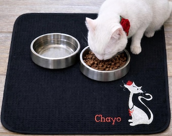 Set de table personnalisé pour animal de compagnie - chat élégant - tapis de gamelle pour chat - tapis d'alimentation pour animaux de compagnie - alimentation pour animaux de compagnie - tapis absorbant pour chat - lavage en machine