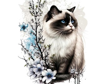 Sticker extérieur transparent premium - Fleurs de cerisier du Japon Sakura et chat en ragdoll orienté vers la droite, découpés, 1 pièces