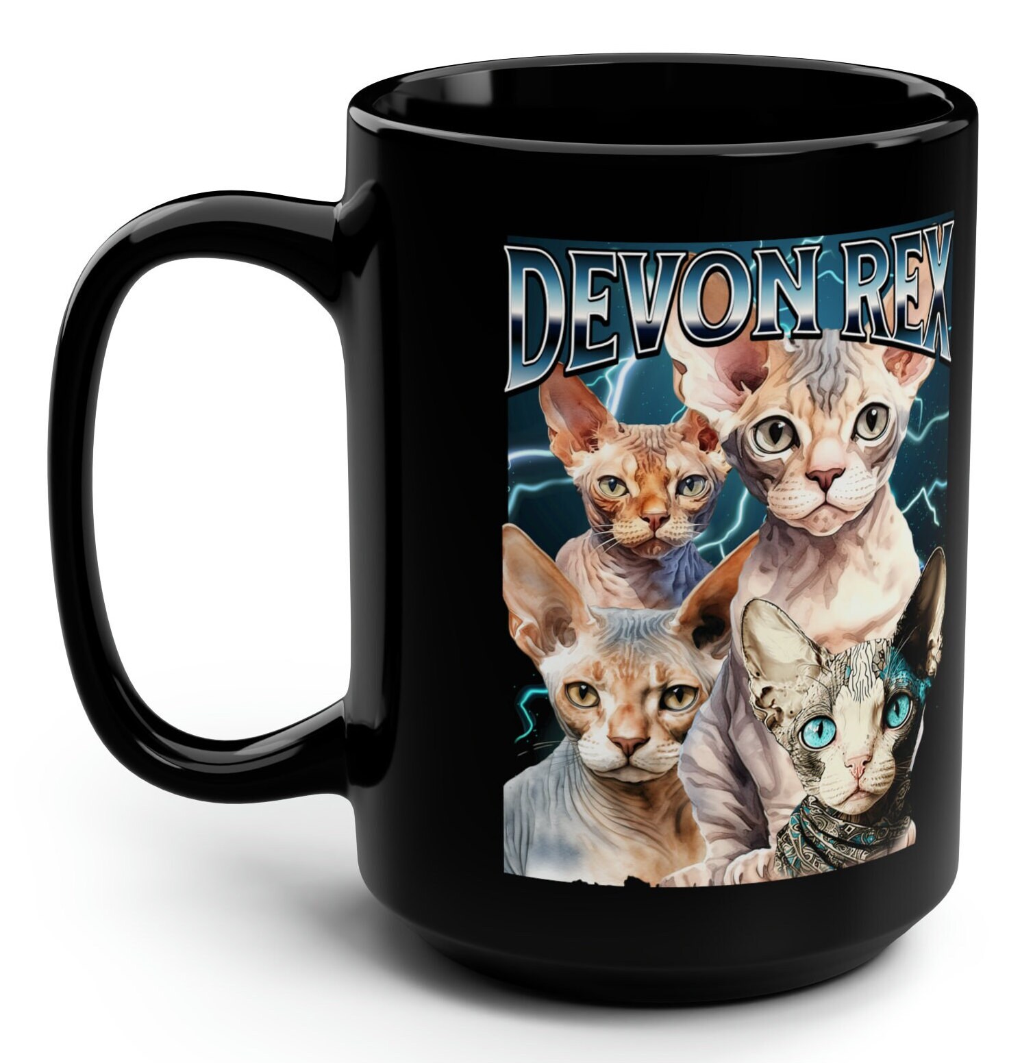Devon Rex Cat Vintage Graphic Black Mug, Bootleg Retro Funny 90s Mug