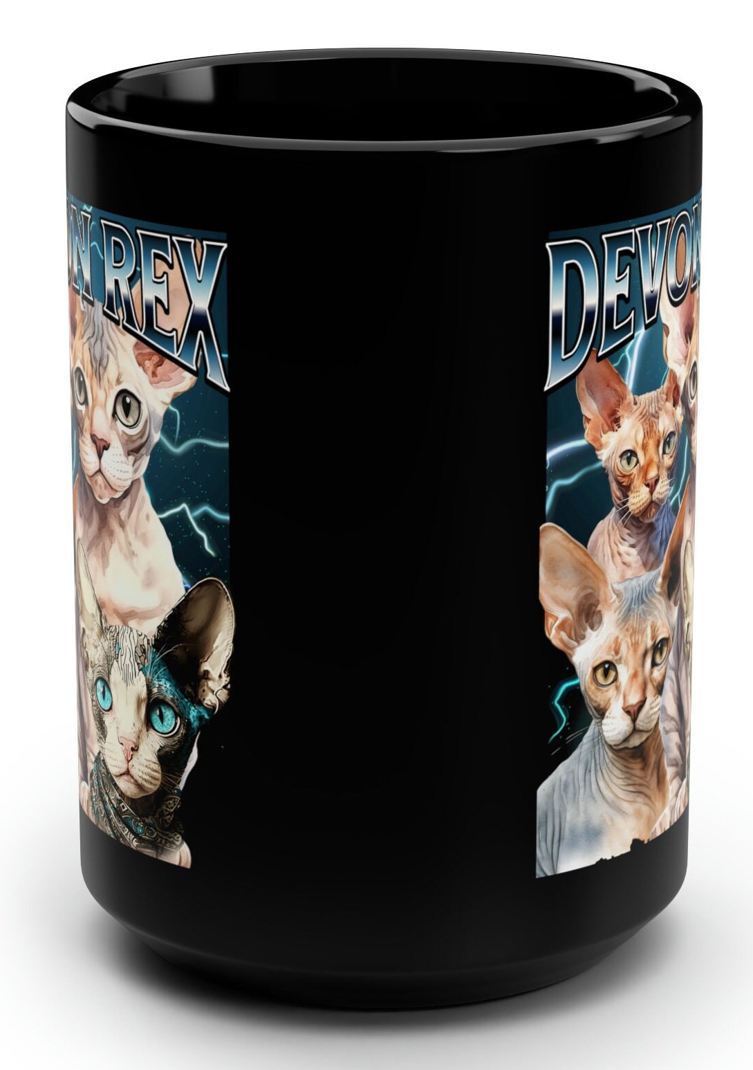 Devon Rex Cat Vintage Graphic Black Mug, Bootleg Retro Funny 90s Mug