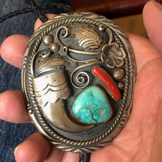 Native American Intricate Roadrunner Vintage Zuni Turquoise Coral Sterling Silver Bolo Tie Native American Intricate Roadrunner Vintage Zuni Turquoise Coral Sterling Silver Bolo Tie