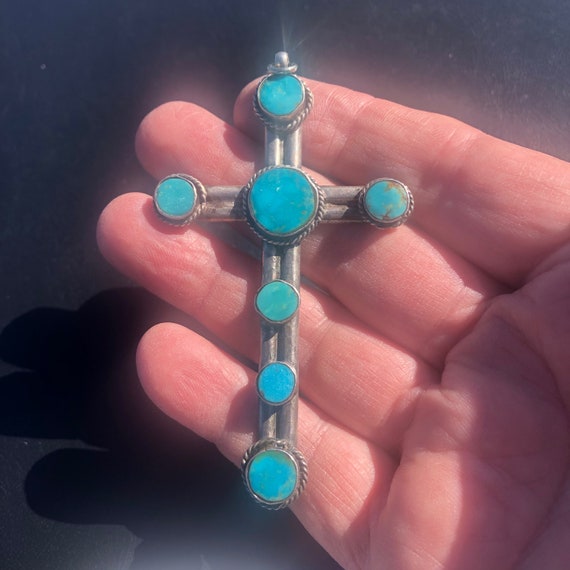 Coin Silver Turquoise Cross  Vintage - image 1