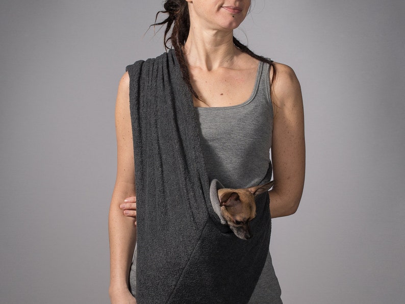Pet sling fleece dark grey/ for dogs or cats up to 18 lbs/ dog sling carrier/ travel sling image 3