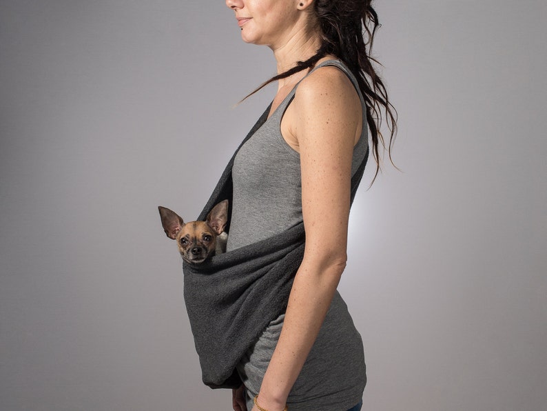 Pet sling fleece dark grey/ for dogs or cats up to 18 lbs/ dog sling carrier/ travel sling image 5
