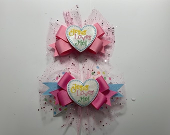 Jesus Loves Me Hairbows-4” and 5”Layered bow with pink sequin tulle-Shiny Glitter vinyl Jesus Loves Me Embroidered feltie-Religious