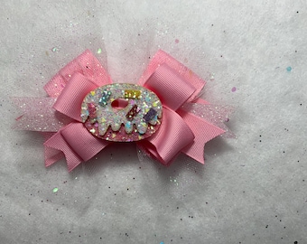 Pink Donut Hairbow-5”Layered bow with pink layers- Light pink sequin glitter tulle-Pink glitter donut feltie-Alligator clip