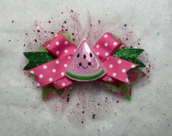 Pink Watermelon Slice Hairbow-5”Layered bow with hot pink and green layers-Pink sequin glitter tulle- glitter vinyl feltie-Alligator clip