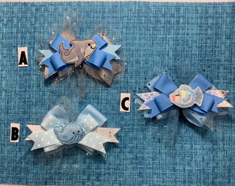 Shark,Whale,Fish Hairbows-5”Layered bows- glitter sequin tulle-Glitter feltie-Alligator clip-Summer,Beach,Ocean